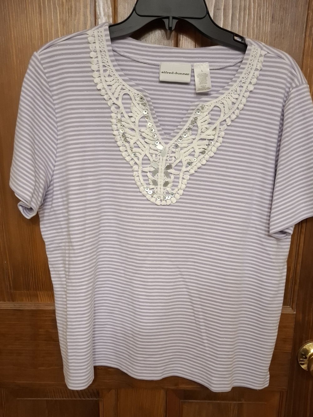 Alfred Dunner Lavender & White Striped Short Sleeve Tee with Lace V-Neck